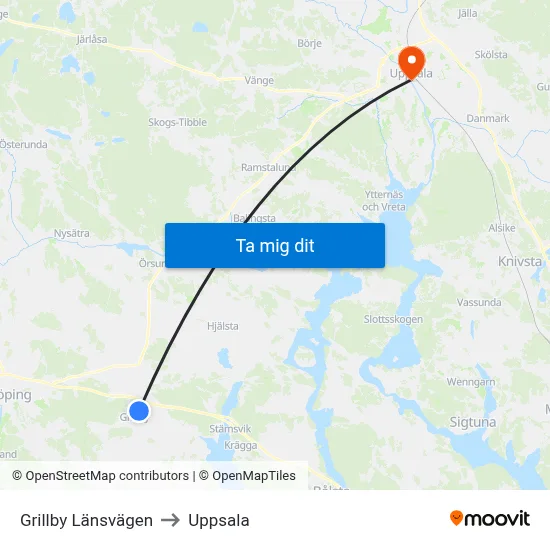 Grillby Länsvägen to Uppsala map