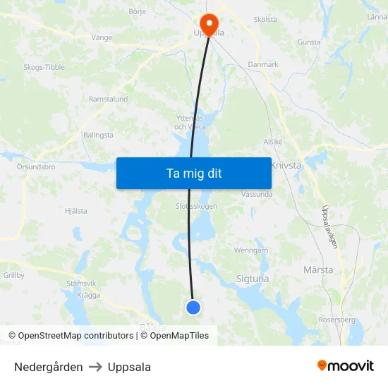 Nedergården to Uppsala map