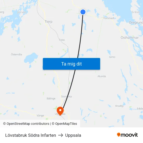 Lövstabruk Södra Infarten to Uppsala map