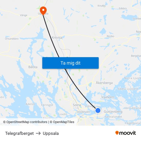 Telegrafberget to Uppsala map
