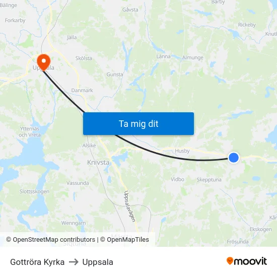 Gottröra Kyrka to Uppsala map
