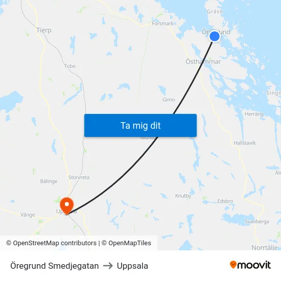 Öregrund Smedjegatan to Uppsala map