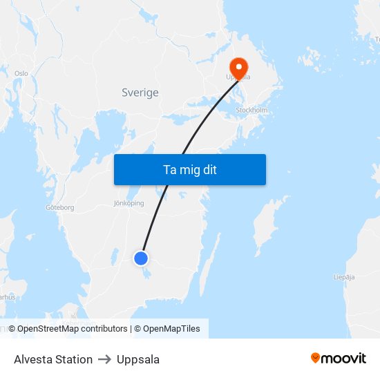 Alvesta Station to Uppsala map