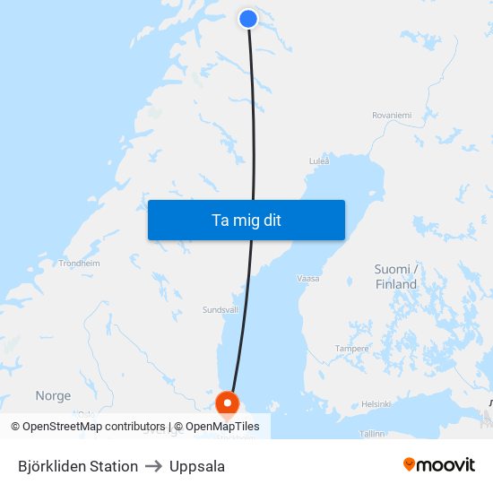 Björkliden Station to Uppsala map