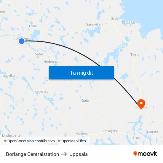 Borlänge Centralstation to Uppsala map