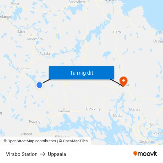 Virsbo Station to Uppsala map