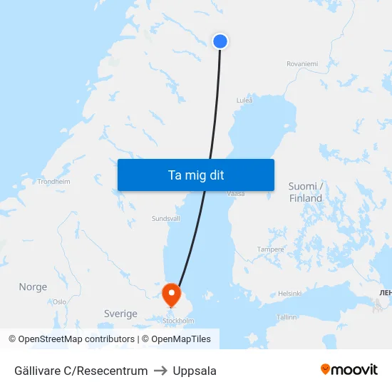 Gällivare C/Resecentrum to Uppsala map