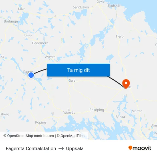 Fagersta Centralstation to Uppsala map