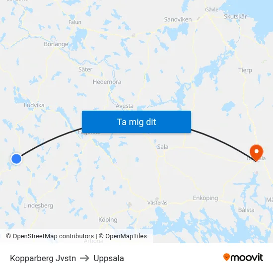 Kopparberg Jvstn to Uppsala map