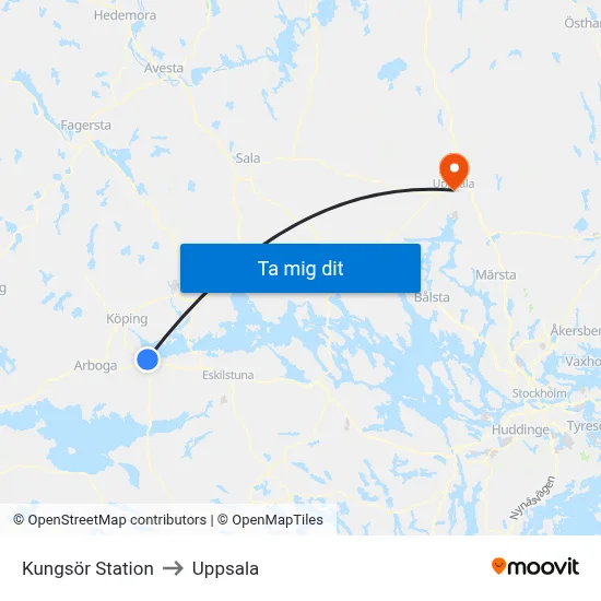 Kungsör Station to Uppsala map