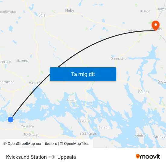 Kvicksund Station to Uppsala map