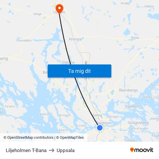 Liljeholmen T-Bana to Uppsala map