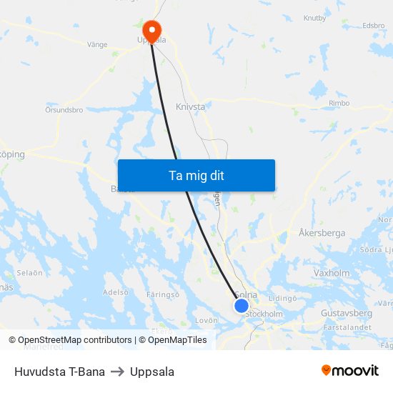 Huvudsta T-Bana to Uppsala map