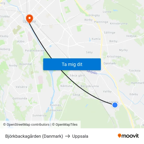 Björkbackagården (Danmark) to Uppsala map