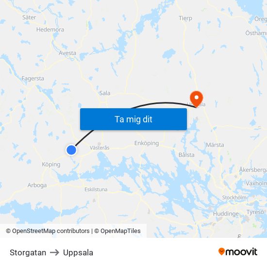 Storgatan to Uppsala map