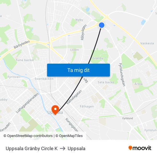 Uppsala Gränby Circle K to Uppsala map