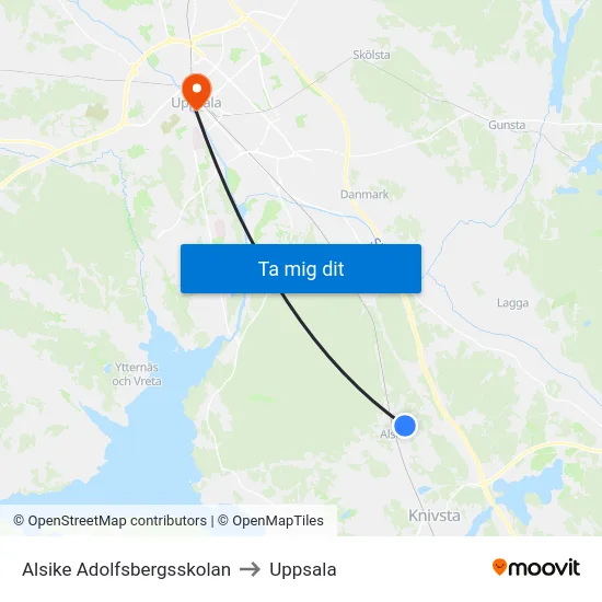 Alsike Adolfsbergsskolan to Uppsala map