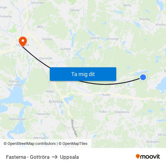 Fasterna - Gottröra to Uppsala map
