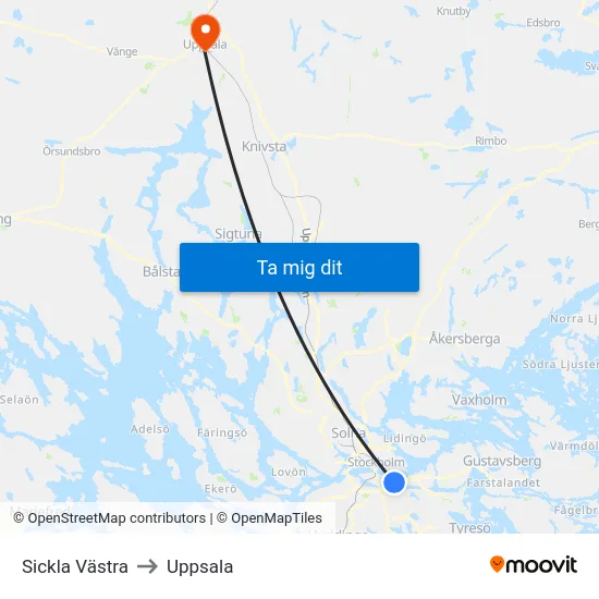 Sickla Västra to Uppsala map