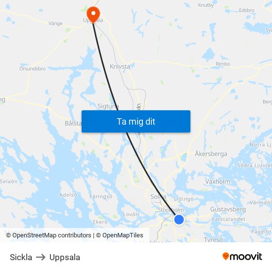 Sickla to Uppsala map