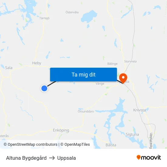 Altuna Bygdegård to Uppsala map