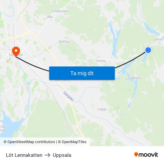 Löt Lennakatten to Uppsala map