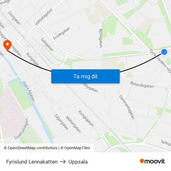 Fyrislund Lennakatten to Uppsala map