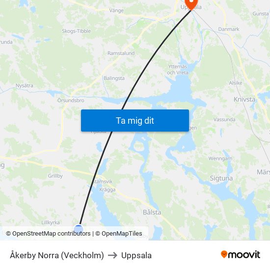 Åkerby Norra (Veckholm) to Uppsala map
