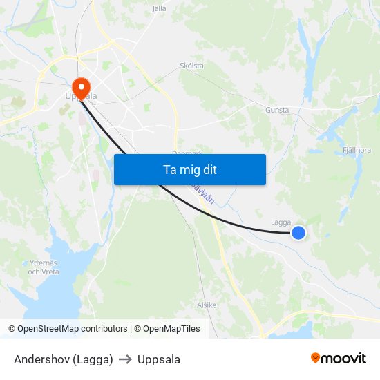 Andershov (Lagga) to Uppsala map
