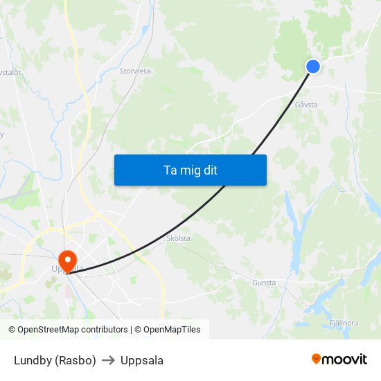 Lundby (Rasbo) to Uppsala map