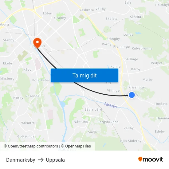 Danmarksby to Uppsala map