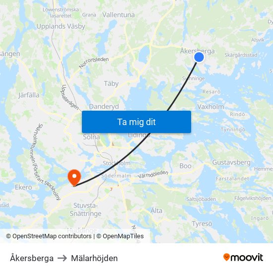 Åkersberga to Mälarhöjden map
