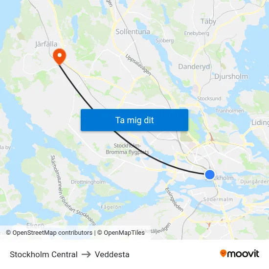 Stockholm Central to Veddesta map