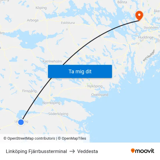 Linköping Fjärrbussterminal to Veddesta map