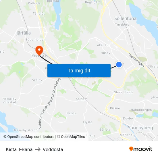 Kista T-Bana to Veddesta map