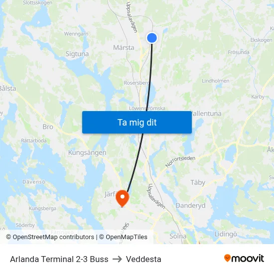 Arlanda Terminal 2-3 Buss to Veddesta map