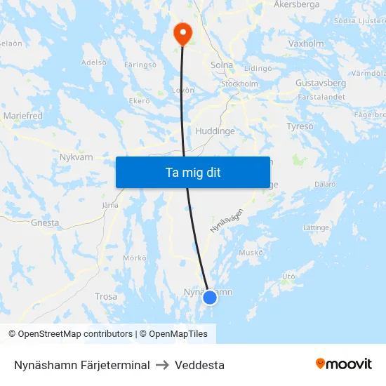 Nynäshamn Färjeterminal to Veddesta map