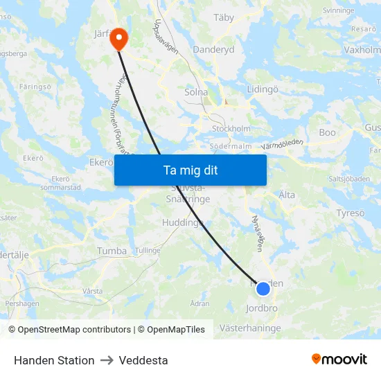 Handen Station to Veddesta map