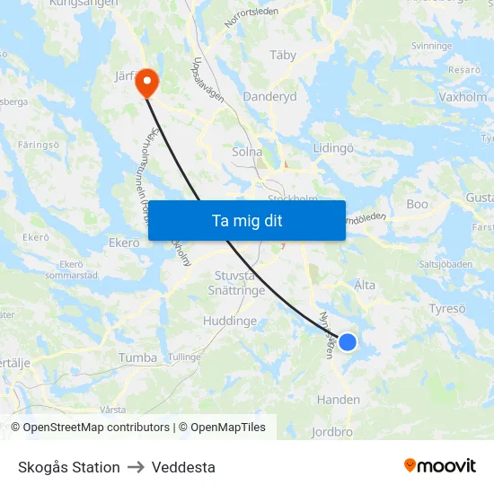 Skogås Station to Veddesta map