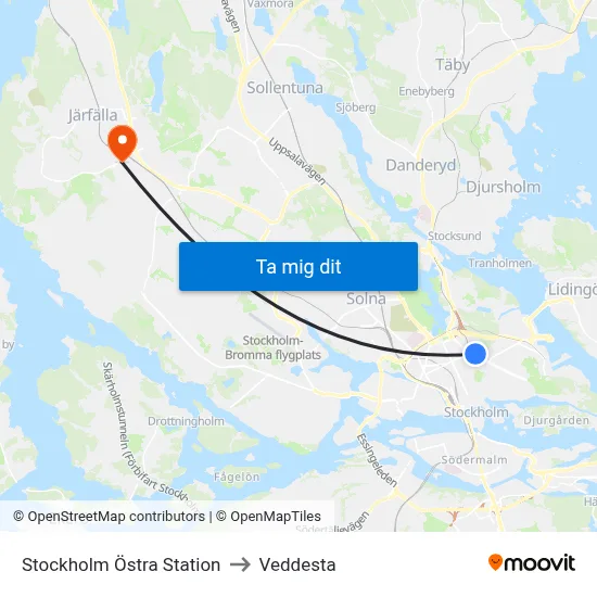 Stockholm Östra Station to Veddesta map