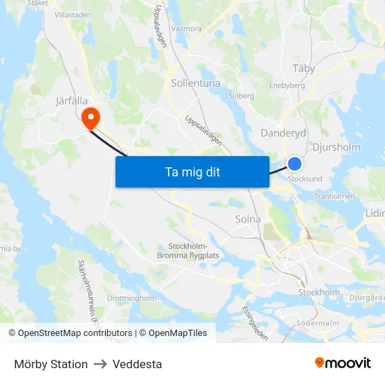 Mörby Station to Veddesta map