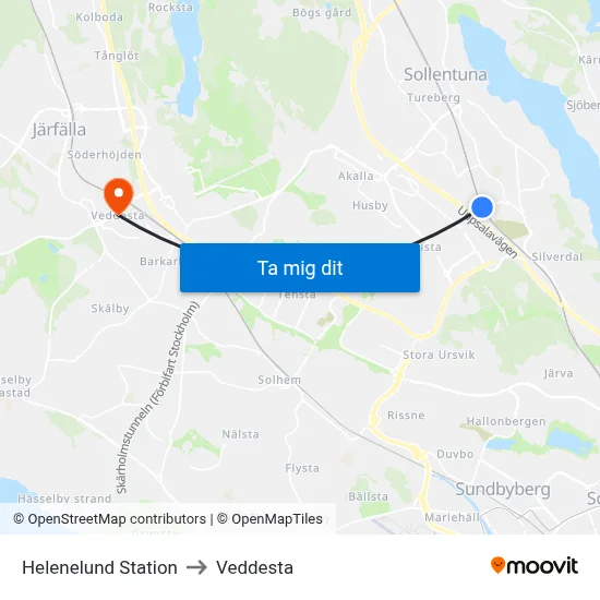 Helenelund Station to Veddesta map
