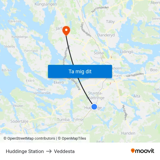 Huddinge Station to Veddesta map