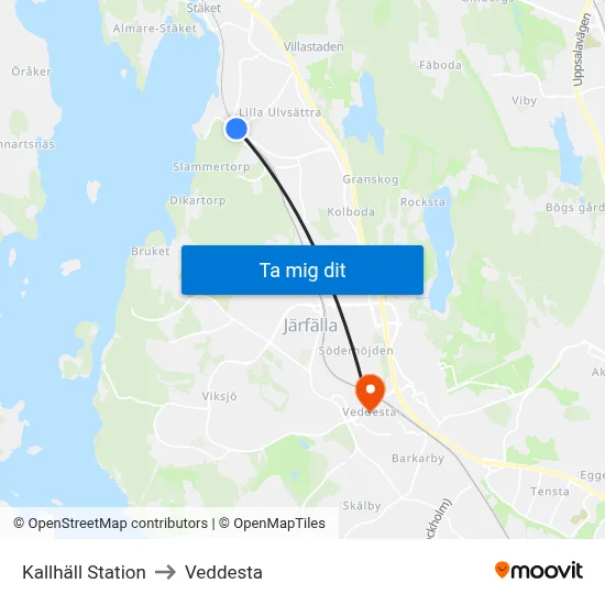 Kallhäll Station to Veddesta map