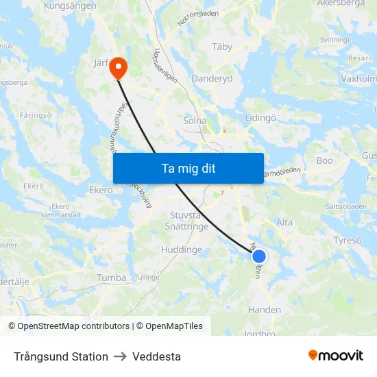 Trångsund Station to Veddesta map