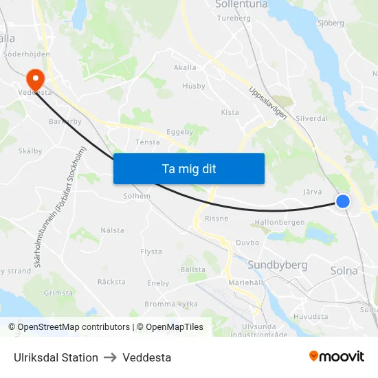 Ulriksdal Station to Veddesta map