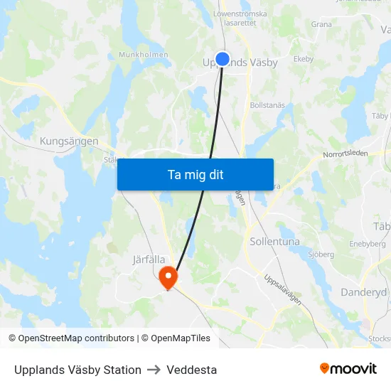 Upplands Väsby Station to Veddesta map