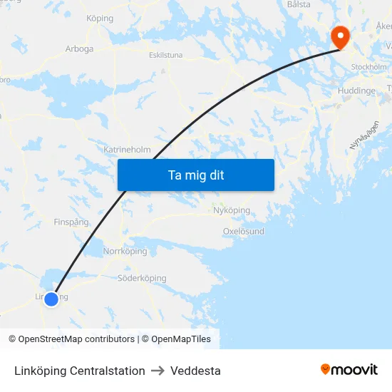 Linköping Centralstation to Veddesta map