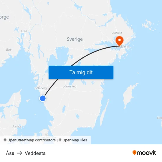 Åsa to Veddesta map
