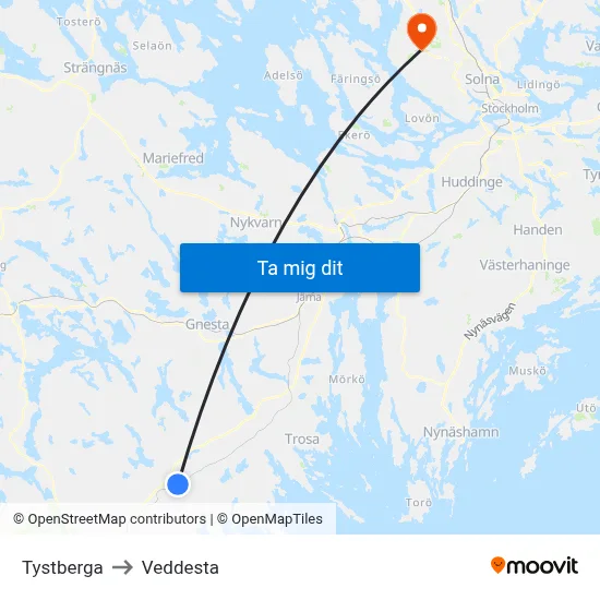 Tystberga to Veddesta map